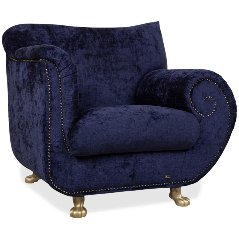 Bretz Gaudi Sessel Stoff Blau Lila Aubergine Gold Neubezug (Molino 545)