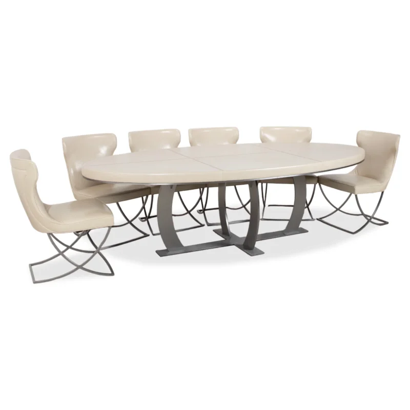 Baxter Gilbert Garnitur 8er Stuhl Leder Tisch Weiß Beige Creme Weiß Edelstahl Esszimmer Oval