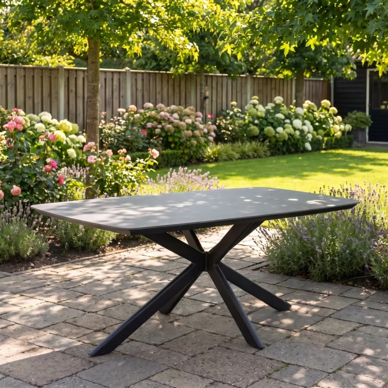 Egina Tuintafel 220 cm - Keramisch blad zwart in einem stimmungsvollen Garten - Outnest Gartenmöbel