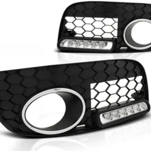 Nebelscheinwerfer Blenden Sport LED Set mit Tagfahrlicht, Wabenmuster und Chromring für Stoßstange für VW Golf 5 GTI