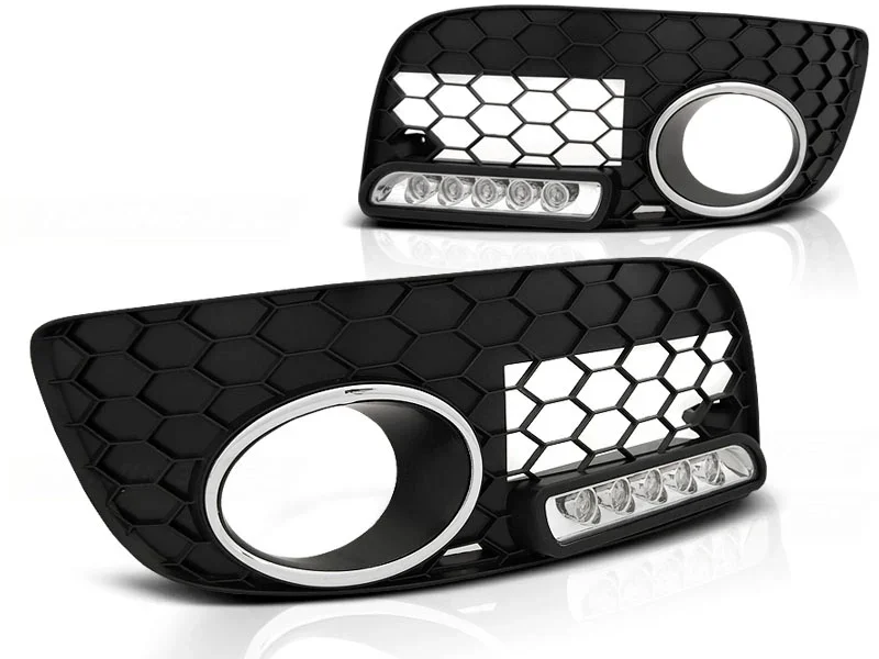 Nebelscheinwerfer Blenden Sport LED Set mit Tagfahrlicht, Wabenmuster und Chromring für Stoßstange für VW Golf 5 GTI