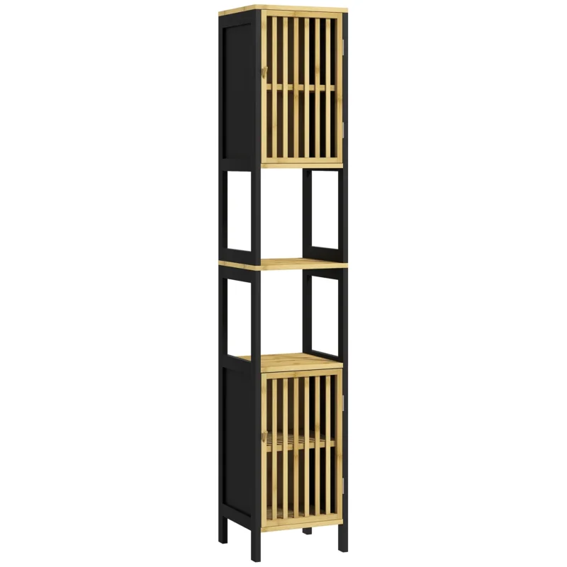 easycomfort easycomfort mobiletto bagno a doghe con 2 ripiani aperti e 2 armadietti in mdf e bambu 32x30x172 cm nero e color legno