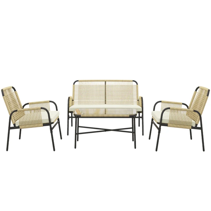easycomfort easycomfort salotto da giardino in rattan pe con divanetto e 2 poltrone con cuscini tavolino in vetro giallo