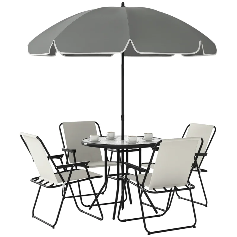 easycomfort easycomfort set da giardino 6 pezzi in acciaio con 4 sedie pieghevoli ombrellone e tavolo rotondo crema grigio e nero