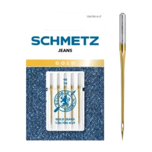 Schmetz Jeans GOLD / System 130 / 705 H-JT in vollständiger Frontansicht der Verpackung mit freigestellter Euroloch-Aussparung