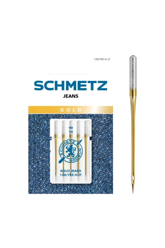 Schmetz Jeans GOLD / System 130 / 705 H-JT in vollständiger Frontansicht der Verpackung mit freigestellter Euroloch-Aussparung