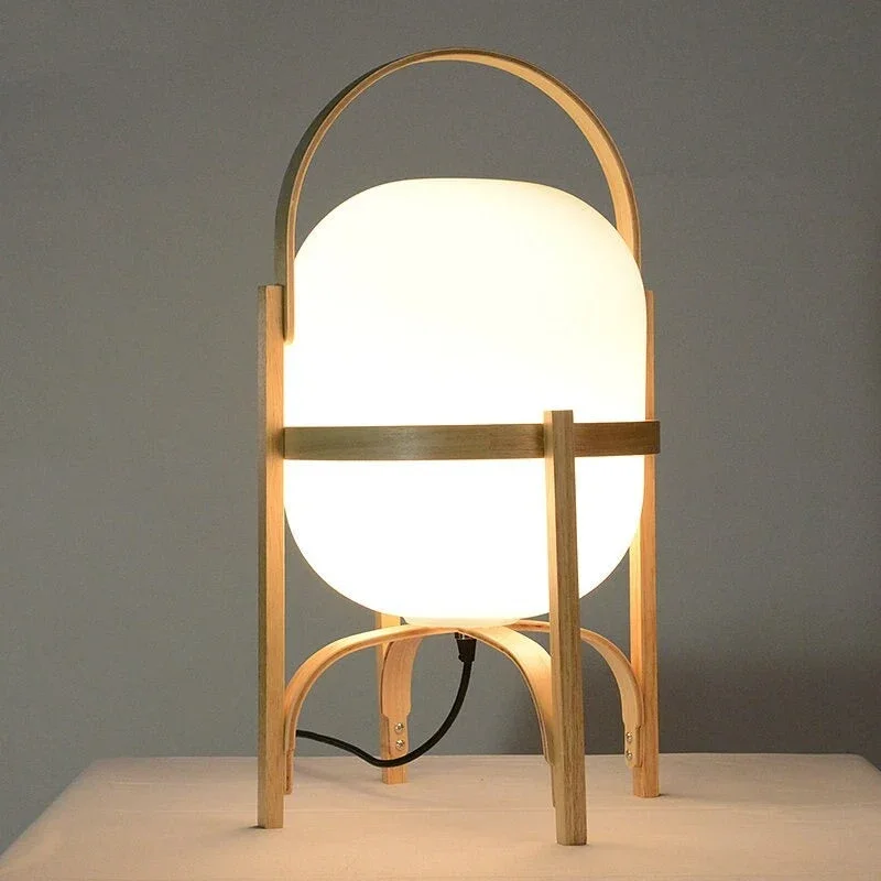 Japanische Holz-Bettlampe mit Glasstein-Schirm | Karnz