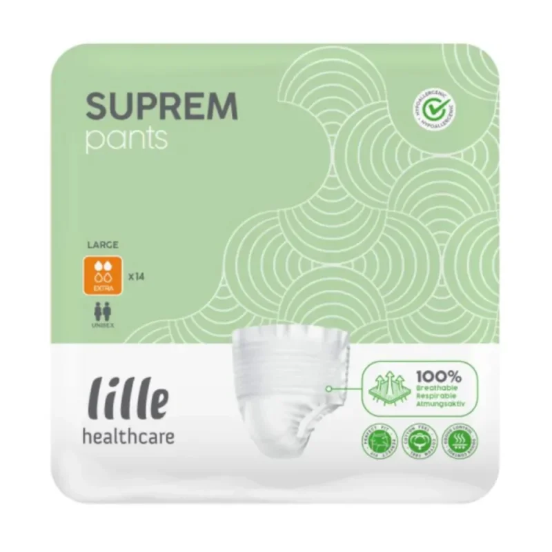 Ein Produktbild zeigt eine Packung mit 14 großen Lille Suprem Extra Pants, die gut sichtbar auf einem neutralen Hintergrund arrangiert sind. Die durchsichtige Verpackung ermöglicht den Blick auf die Windeln, die in einem ansprechenden, modernen Design präsentiert werden. Die Pants sind in Weiß gehalten, mit einer subtilen, auffälligen Textur. Auf der Vorderseite der Verpackung sind Produktinformationen wie Größe und Anzahl deutlich lesbar.
