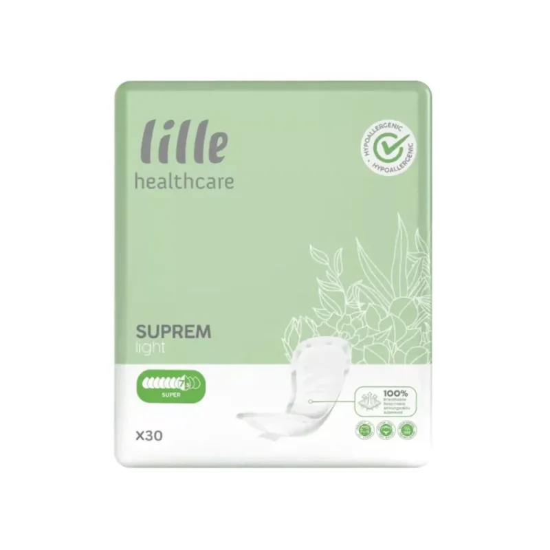Frontalansicht einer Packung Lille Suprem Light Super Inkontinenzeinlagen.