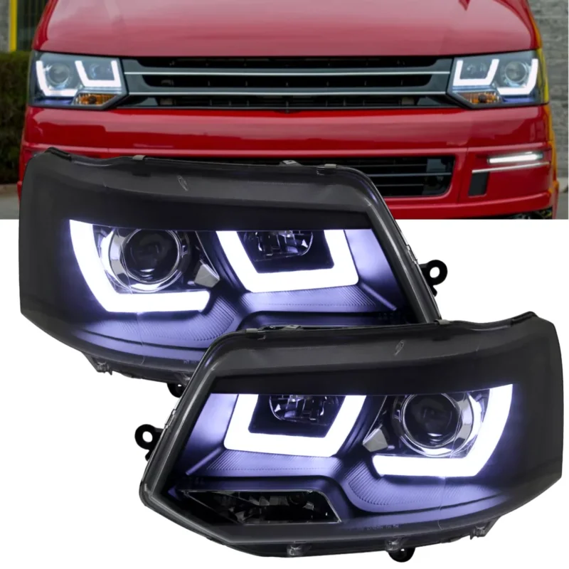 LED Scheinwerfer Set schwarz für VW T5 GP 2010-2015 mit Light Tube Tagfahrlicht
