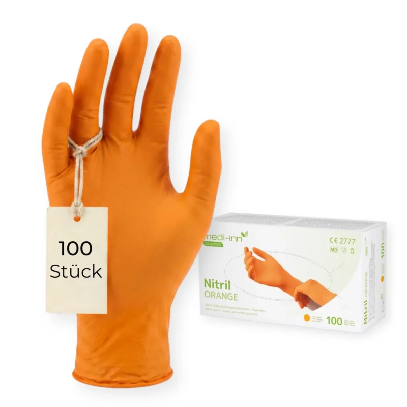 Frontalansicht eines Medi-Inn Nitril Orange Einmalhandschuhs neben der Verpackung mit 100 Stück.