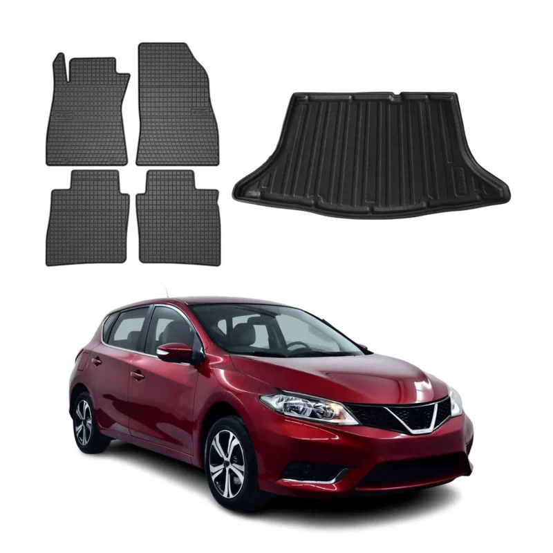 Fußmatten & Kofferraumwanne Set für Nissan Pulsar 2014-2018 Gummi Schwarz 5x