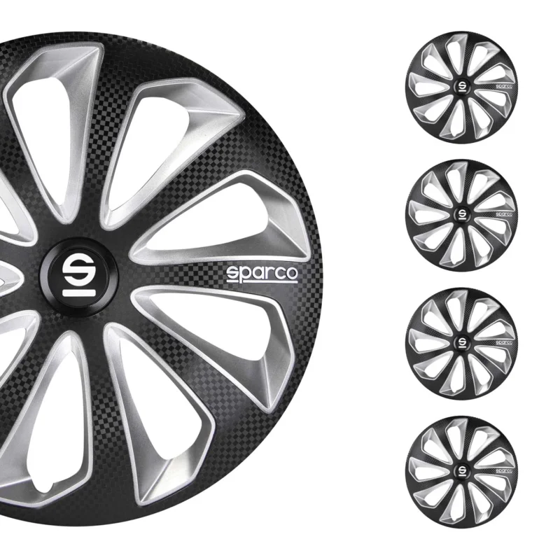 Radkappen Radzierblenden Sparco Sicilia 15" Zoll Auto Schwarz Carbon Silber 4x