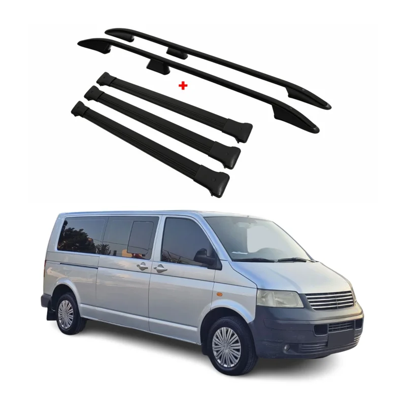 Dachreling + Dachträger SET für VW Transporter T5 T6 T6.1 L2 Alu Schwarz 5x