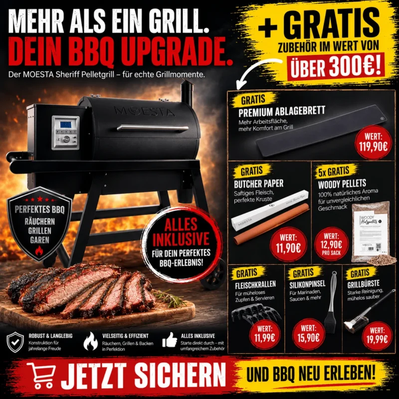 Moesta Sheriff Pelletgrill 2.0 Bundle inkl. schwarzem Ablagebrett, Pellets uvm. - Grillstar.deMoesta Sheriff Pelletgrill 2.0 Bundle inkl. schwarzem Ablagebrett, Pellets uvm.MoestaGrillstar.de