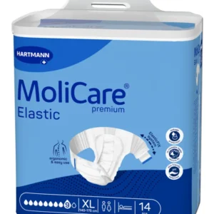 MoliCare Premium Elastic Inkontinenzwindeln Größe XL, 14 Stück, in blauer Hartmann-Verpackung mit Produktabbildung.