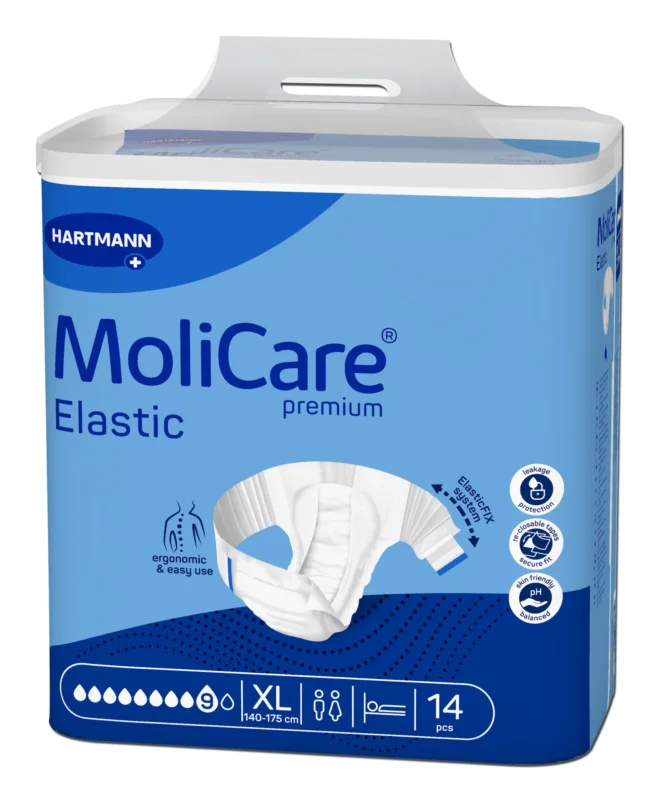 MoliCare Premium Elastic Inkontinenzwindeln Größe XL, 14 Stück, in blauer Hartmann-Verpackung mit Produktabbildung.