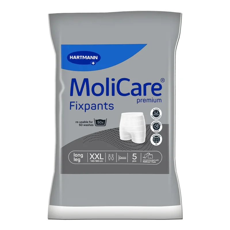Bild der MoliCare Premium Fixpants in Größe XXL, präsentiert in einem 5er-Pack. Die Fixierhosen sind in einem schlichten, hellen Design gehalten und aus einer weichen, elastischen Materialstruktur, die für hohen Tragekomfort sorgt. Der Fokus des Bildes liegt auf den Fixpants, die ordentlich gefaltet sind und auf einem neutralen Hintergrund platziert sind.