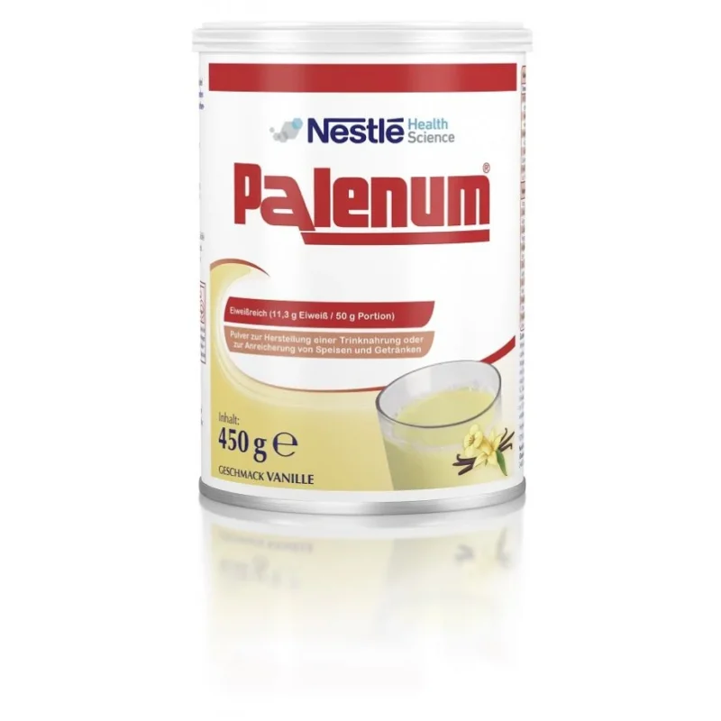 Vanille-Trinknahrung in Pulverform, präsentiert in einem weißen, durchsichtigen Behälter mit rotem und weißem Etikett. Das Etikett zeigt den Produktnamen "Palenum", sowie Hinweise zur Verwendung und Nährstoffinformationen. Über dem Behälter befinden sich einige Vanilleschoten und eine Vanilleblüte, die die Geschmacksrichtung verdeutlichen. Der Hintergrund ist neutral gehalten, was den Fokus auf das Produkt lenkt. Die Gesamtanordnung ist ansprechend und informativ, ideal für gesundheitsbewusste Verbraucher.