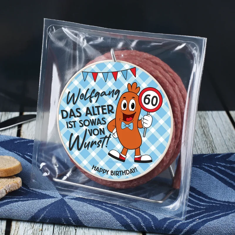 Das Alter ist Wurst! - Salami Kabeltrommel mit personalisiertem Etikett – Bild 2