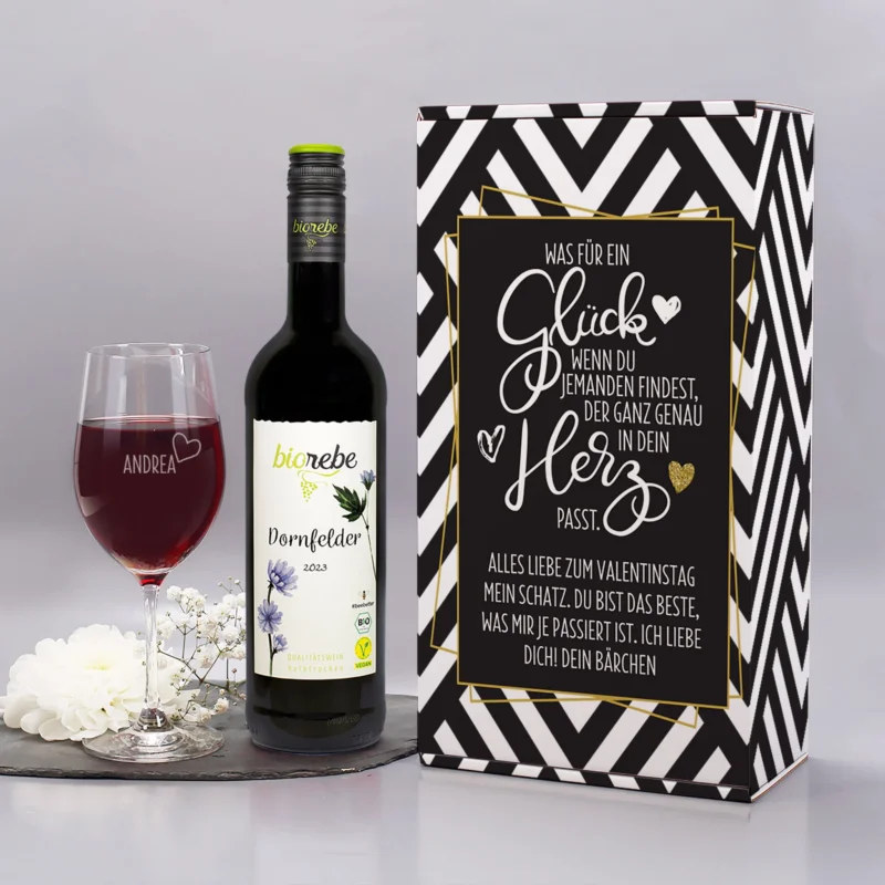 Was für ein Glück - Wein Geschenkset mit Weinglas und Geschenkbox | Bienenfreundlicher Biorebe