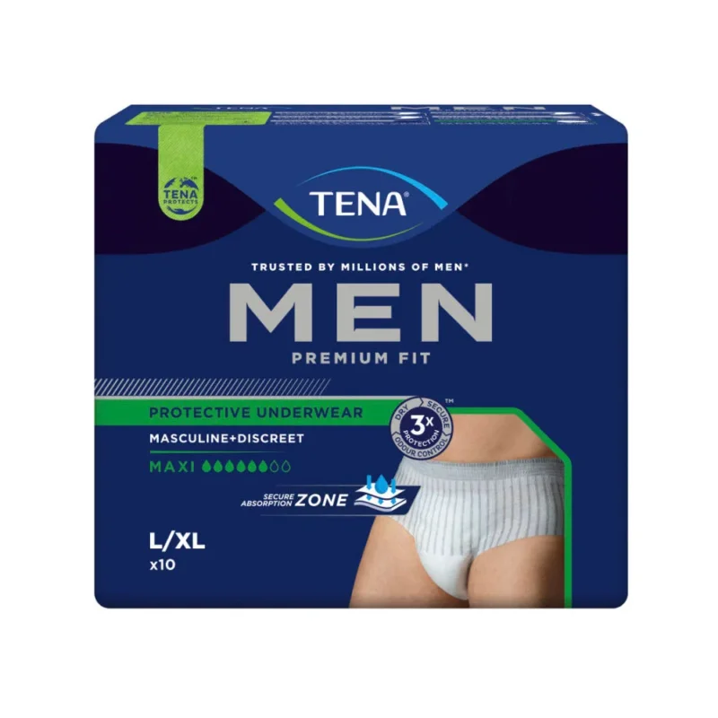 Frontalansicht einer Packung Tena Men Premium Fit Maxi L/XL Inkontinenzunterwäsche.